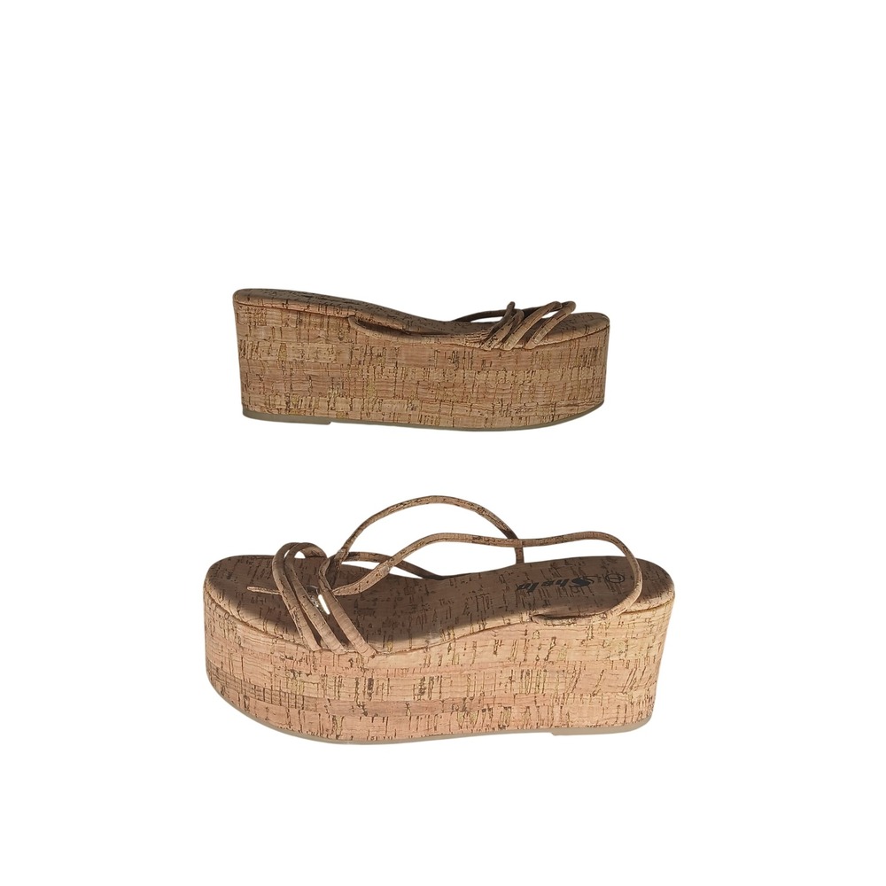 Cork Platform Sandals Size 7 Tan Strappy Y2K Boho Summer Statement Retro Beach